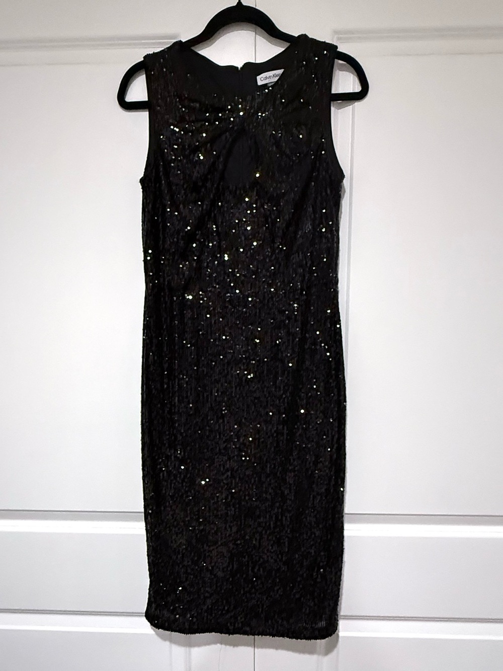 Calvin Klein Black Sequin Midi Sheath Dress with Triangle Keyhole NWOT